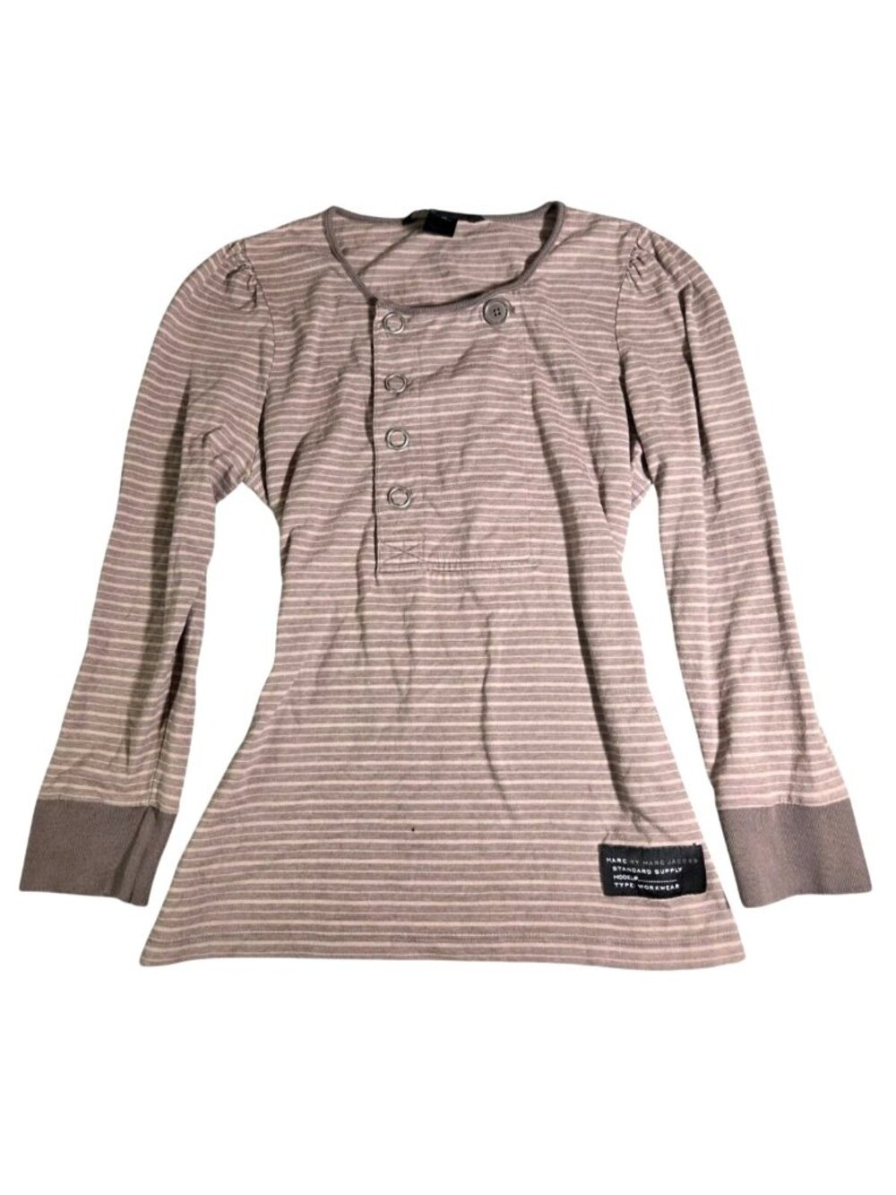 Vintage Y2K Marc Jacobs Striped 3/4 Sleeve Asymmetrical Henley Button Brown Twee
